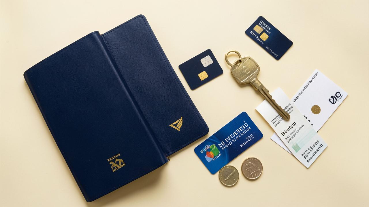 Flat lay of a navy passport, SIM cards, a transit card, a locker key, boarding passes, and foreign coins