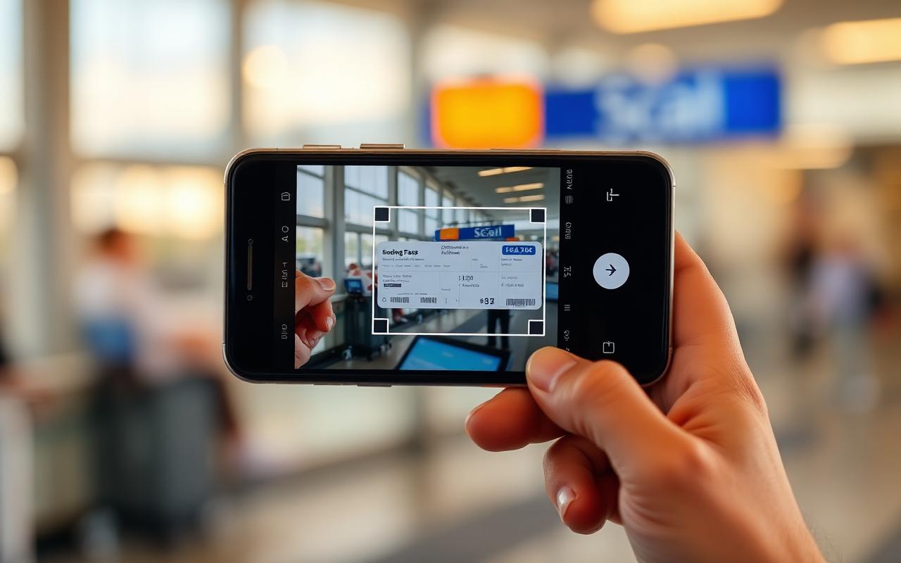 Phone camera scanning a paper boarding pass at an airport gate