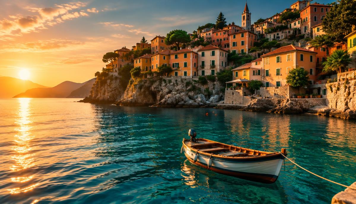 Turquoise Adriatic bay at golden hour with pastel cliffside houses and a small wooden boat
