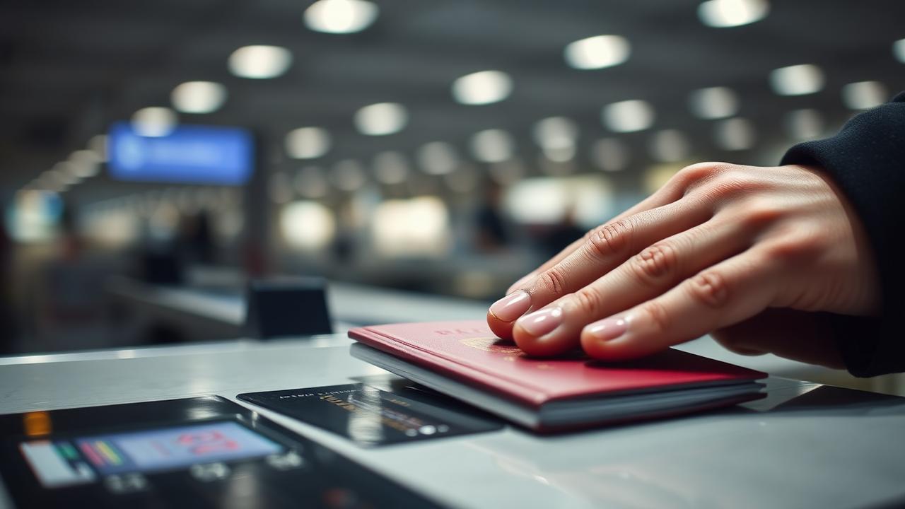 Passport being stamped at an airport immigration counter