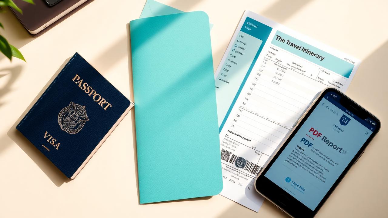 Passport, travel itinerary, and smartphone showing a PDF report on a desk