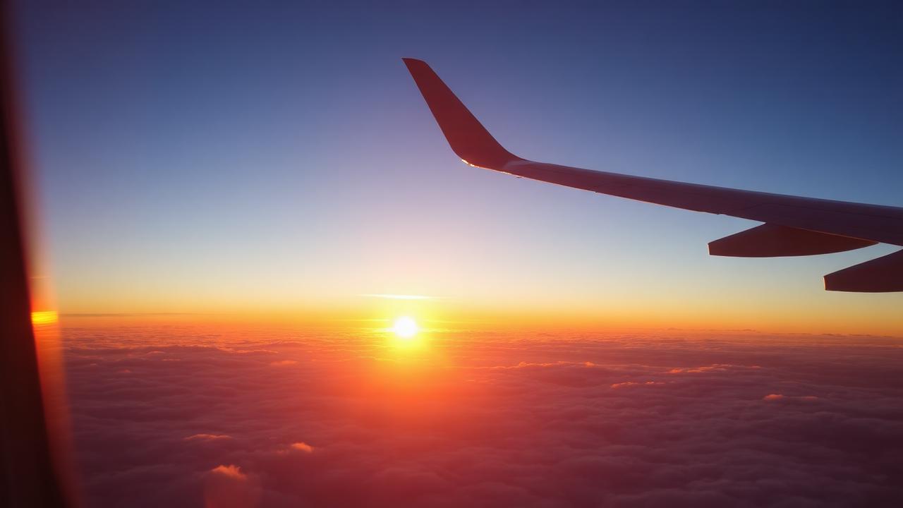 View of an airplane wing above the clouds at sunset