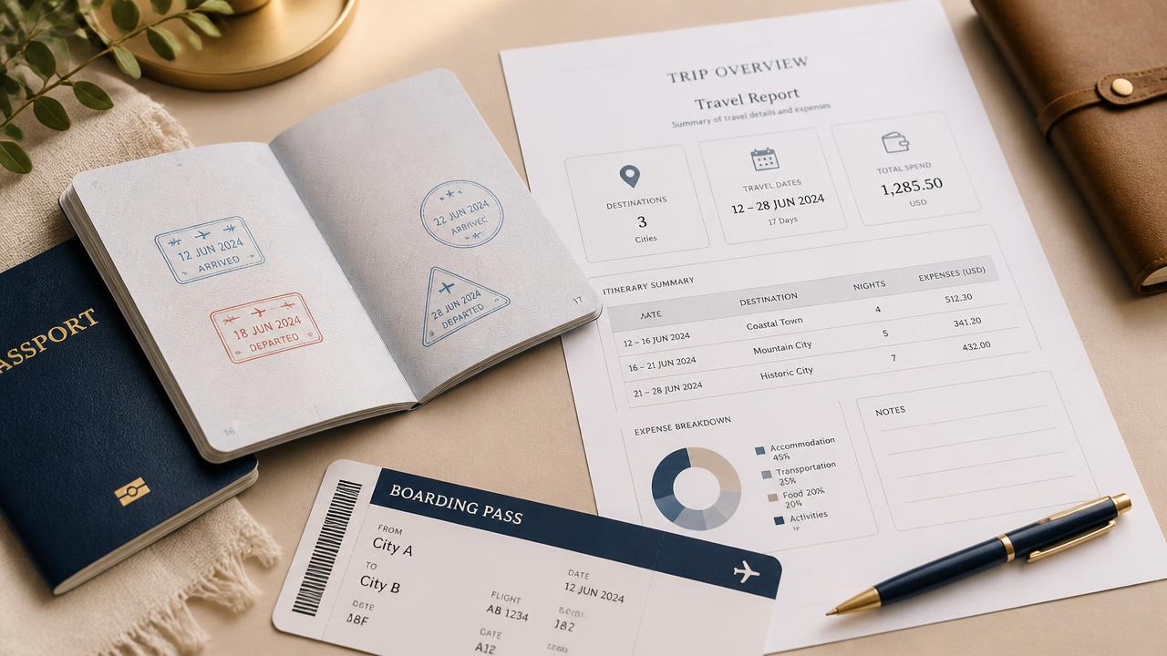 Passport, printed travel report, and boarding pass arranged on a desk