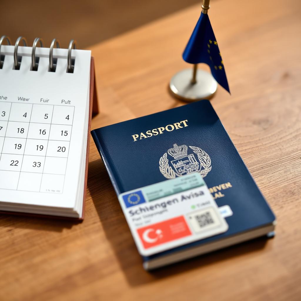 Passport with Schengen visa next to a calendar and a small EU flag