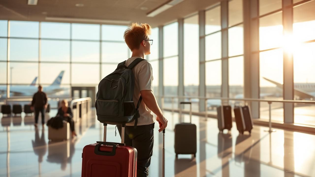 International student with suitcase and backpack in an airport terminal