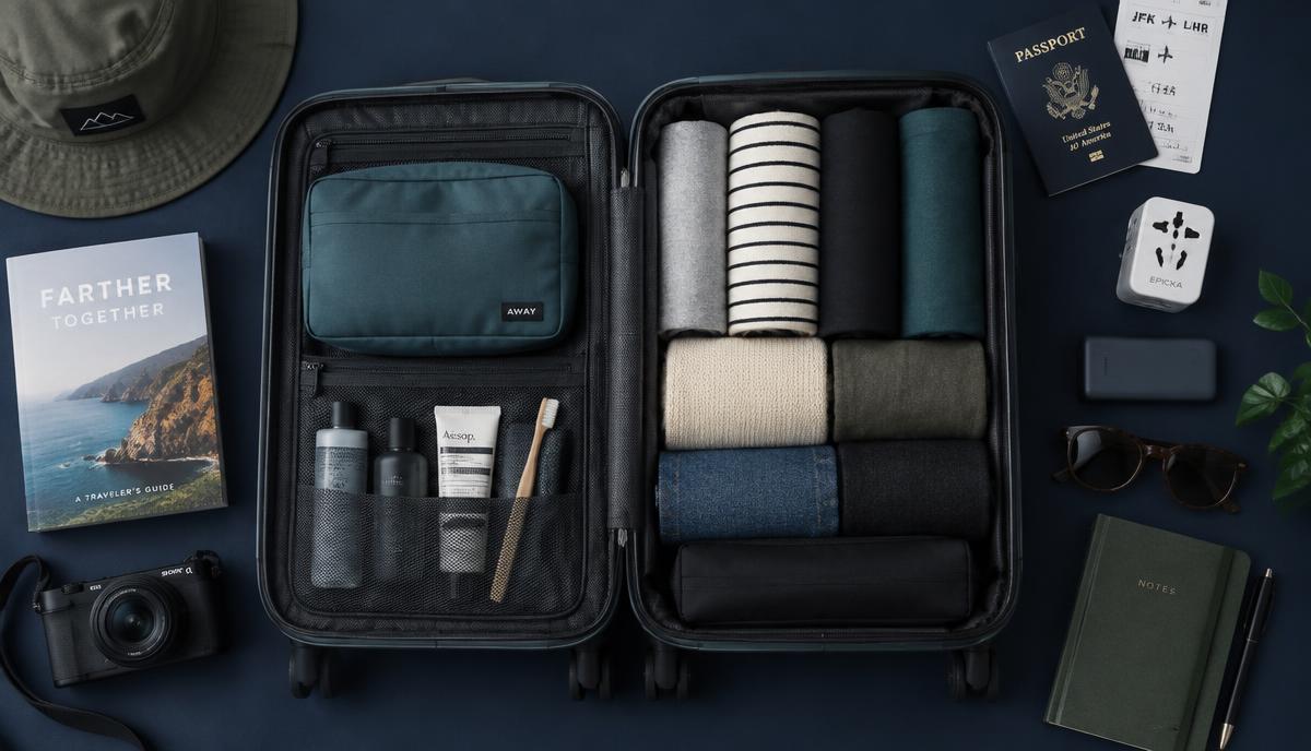 Open carry-on suitcase packed with rolled clothes, passport, adapter and power bank on a navy surface