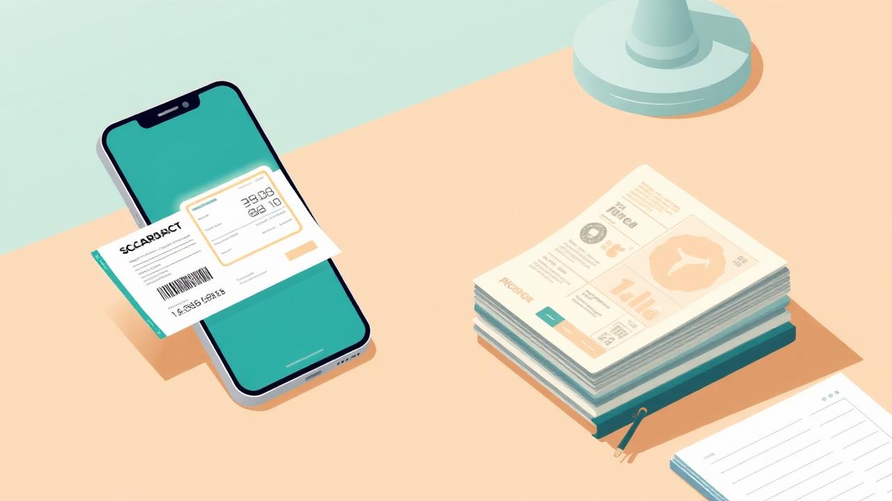Smartphone scanning a boarding pass beside a stack of travel itinerary documents and a passport