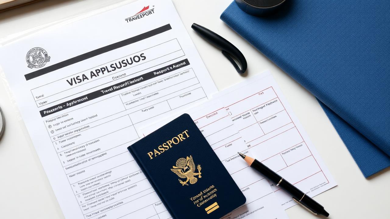 Visa application documents and a passport on a desk