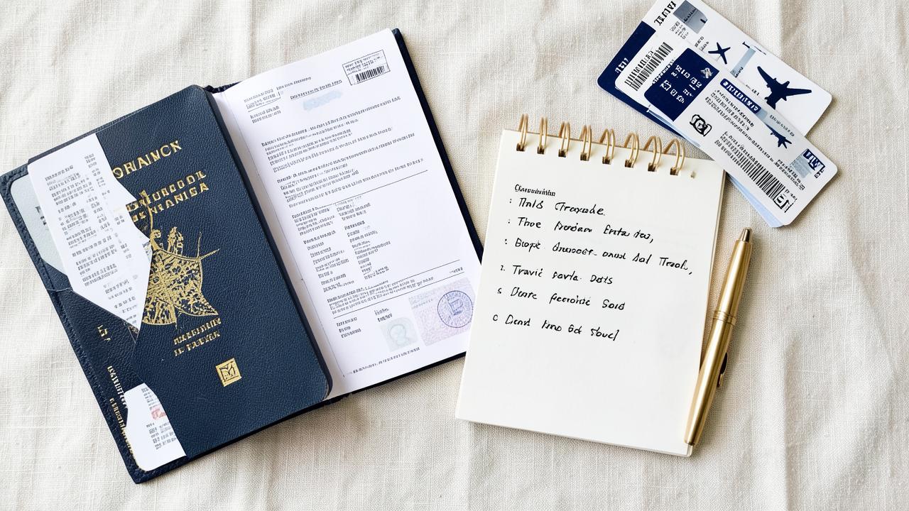 Open passport next to visa application forms and a handwritten list of travel dates